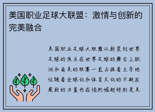 美国职业足球大联盟：激情与创新的完美融合