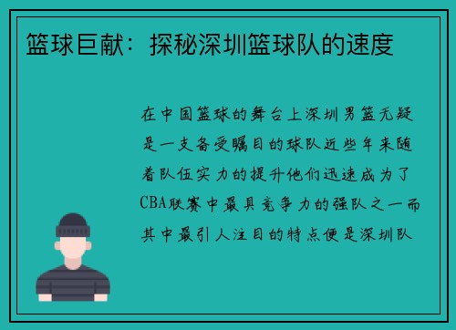 篮球巨献：探秘深圳篮球队的速度