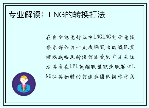 专业解读：LNG的转换打法