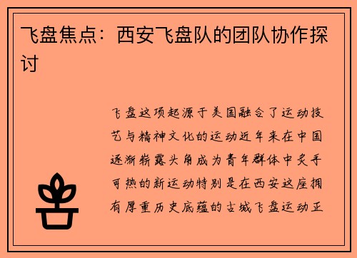 飞盘焦点：西安飞盘队的团队协作探讨